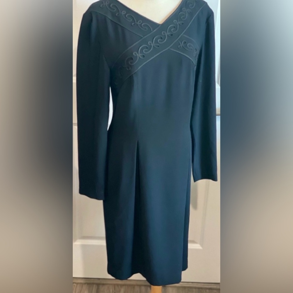 Tahari V Neck Little Black Dress with Soutache Braid Criss Cross…